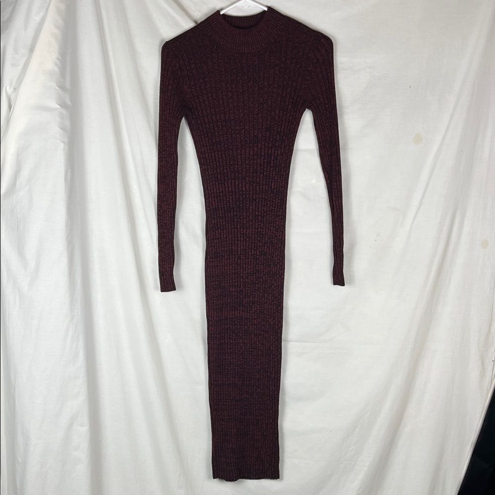 House of Harlow 1960 Ribbed Knit Long Sleeve Midi Dress Maroon and Black